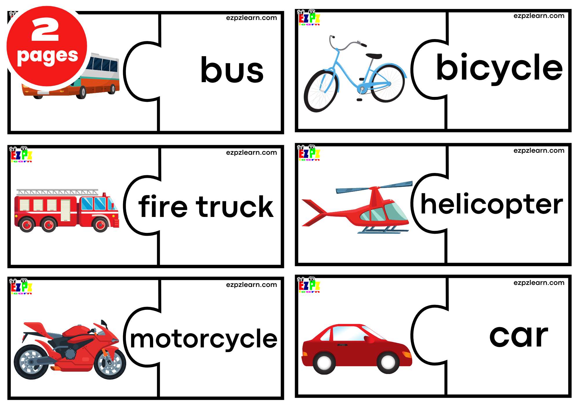 Transportation Puzzle Match Game. Large Size 6 Words per page. Free PDF Download